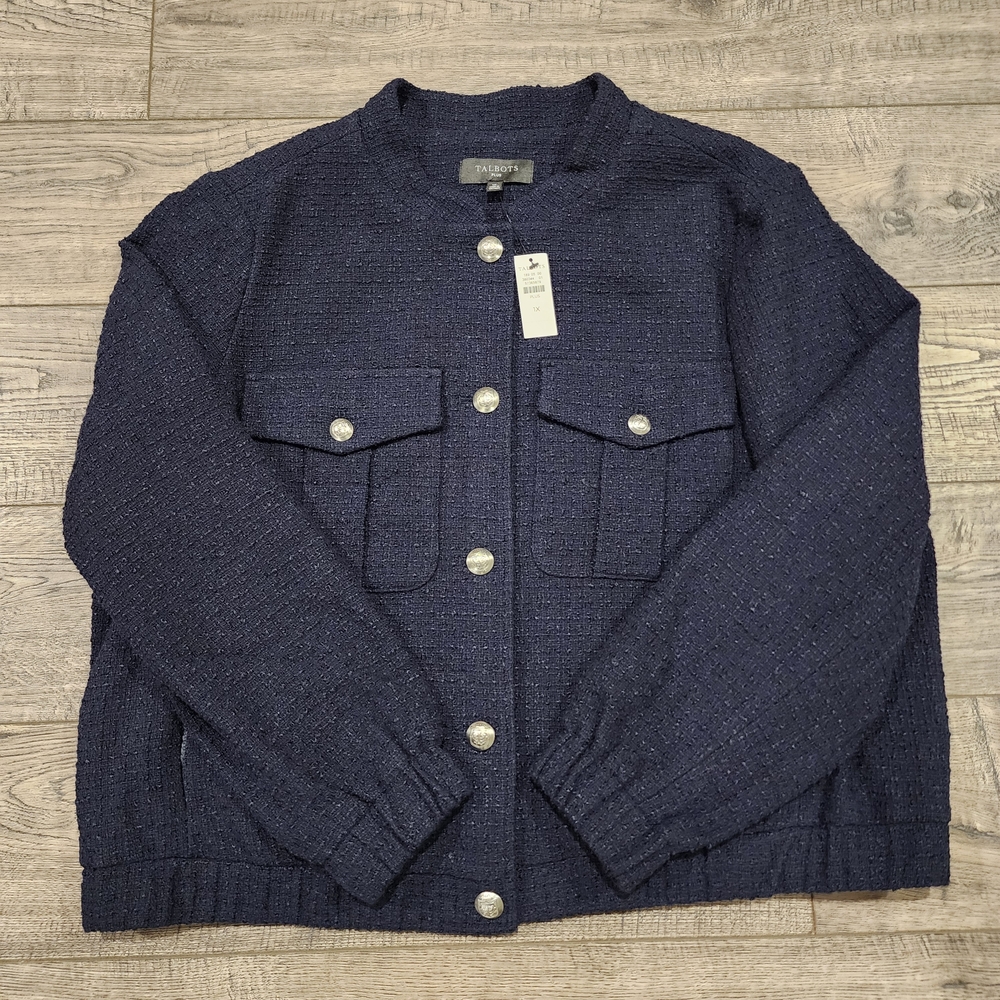 Talbots Women's Tweed Bomber Jacket Size 1X Indigo Blue NWT